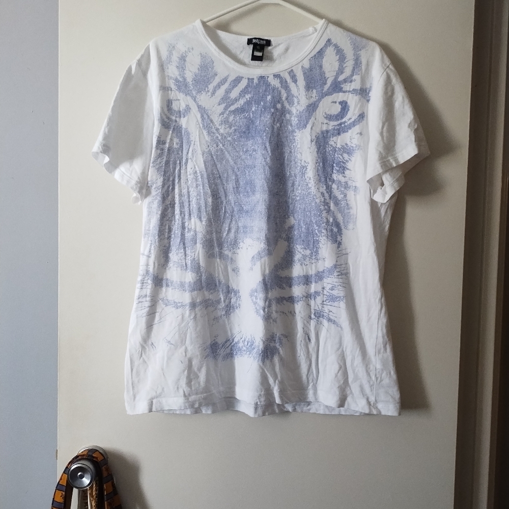 Just Cavalli White Blue Tiger Print Cotton Tee XXL